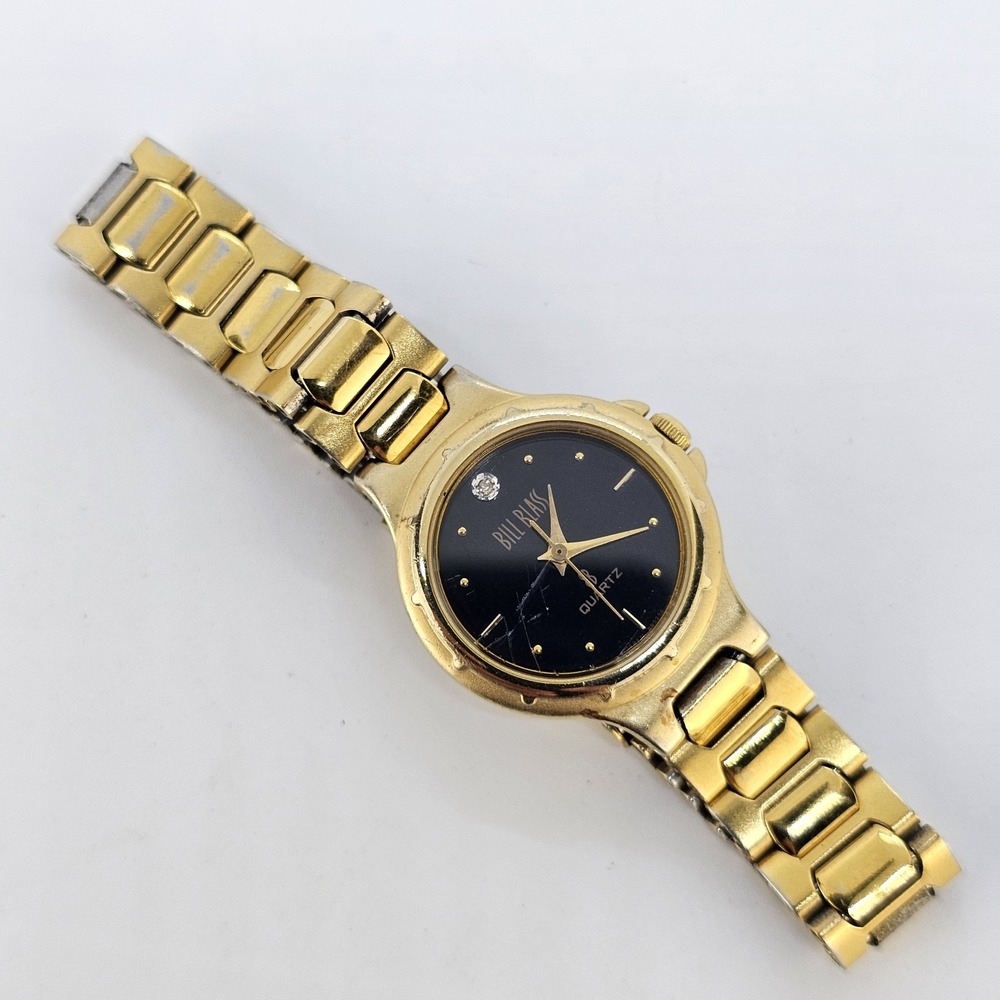 VTG Bill Blass Women Watch 22MM Black Dial Gold Bracelet Band 5.75" NEW Battery